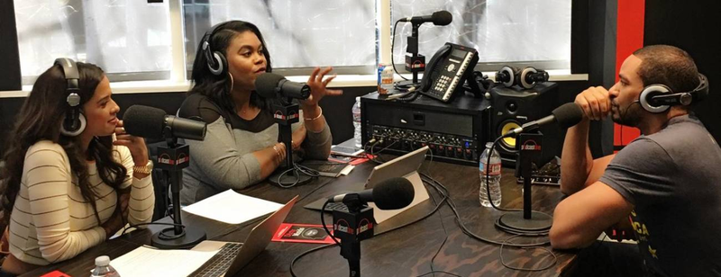 The hosts of the Little Black Dress podcast, Rocsi Diaz (left) and Nina Parker, interview actor Laz Alonso. (Columbia Journalism Review)